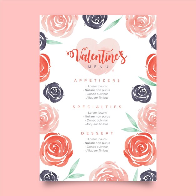 Menú encantador de san valentín con acuarela