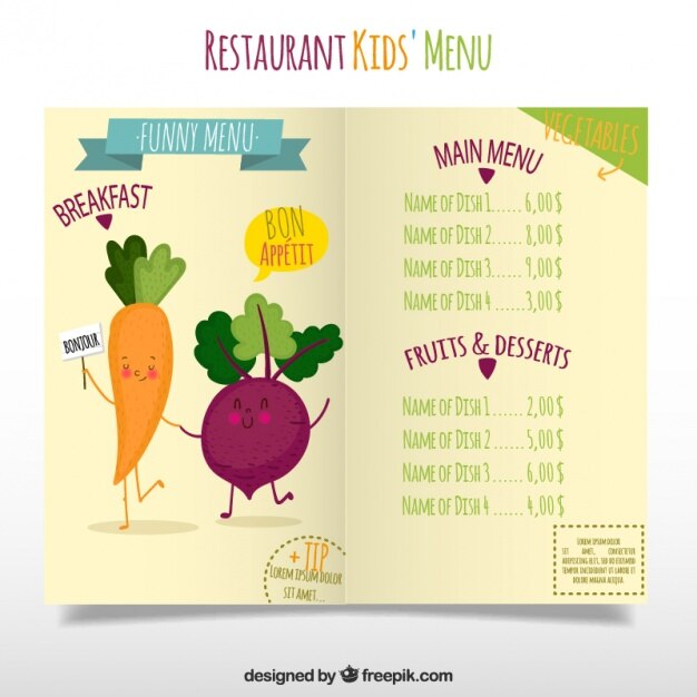 Vector gratuito menú especial de niños con personajes de comida 
