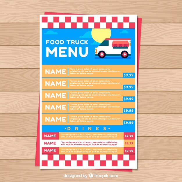 Menú de food truck de diseño plano con el sol y el cielo azul