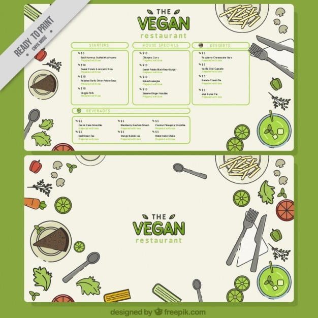 Vector gratuito menú genial para un restaurante vegano