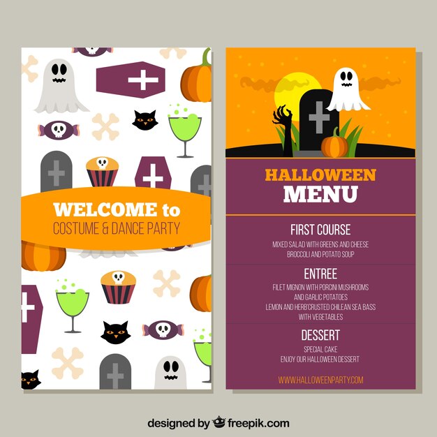Menú gracioso de halloween con diseño plano