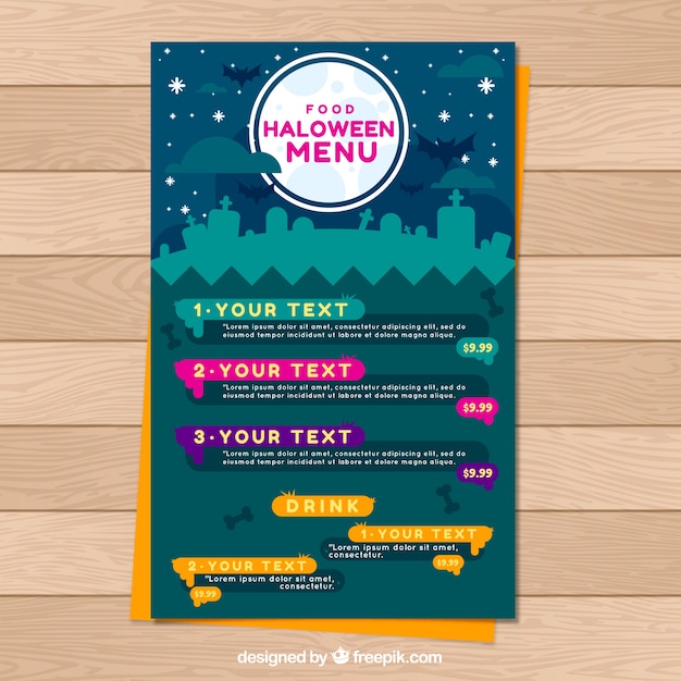 Vector gratuito menú de halloween con cementerio de noche