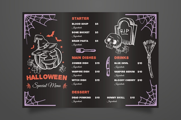 Vector gratuito menú de halloween dibujado a mano