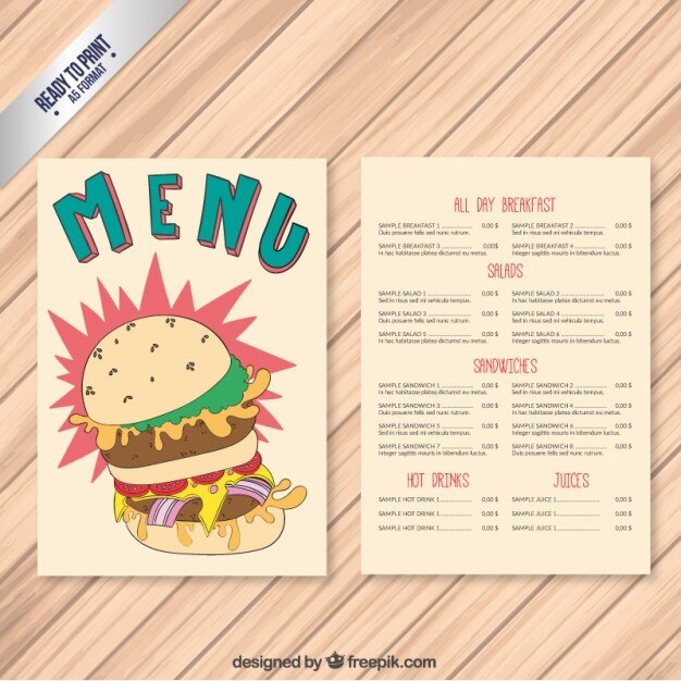 Menú de hamburguesas dibujado a mano