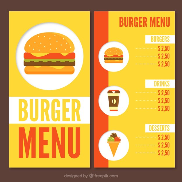 Menú de hamburguesas en diseño plano