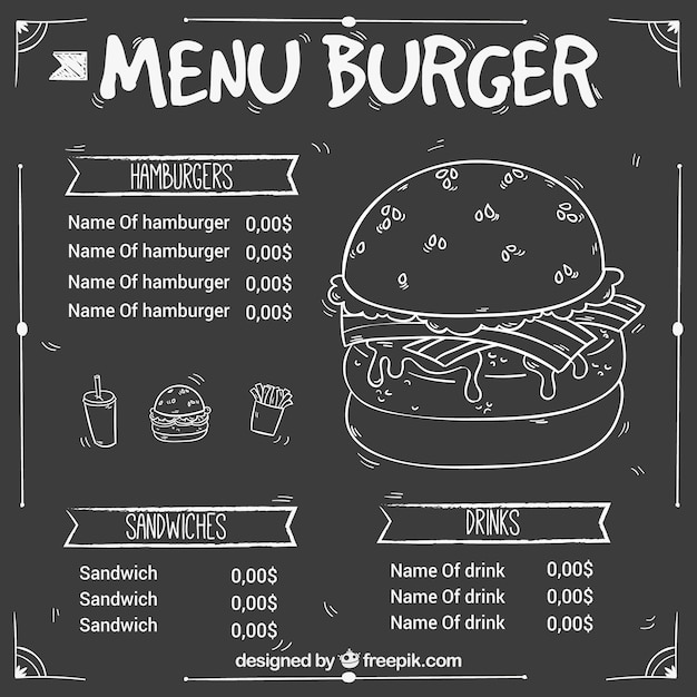 Menú de hamburguesería dibujado a mano 