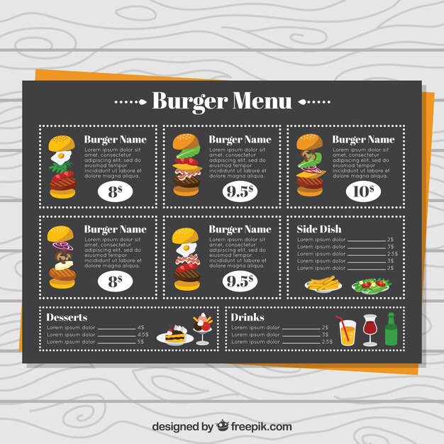 Menú de hamburguesería con diseño en negro