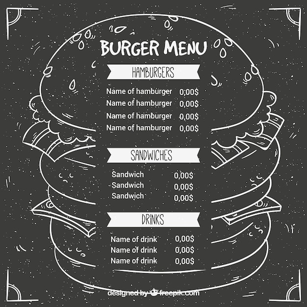 Vector gratuito menú de hamburguesería en una pizarra en estilo vintage