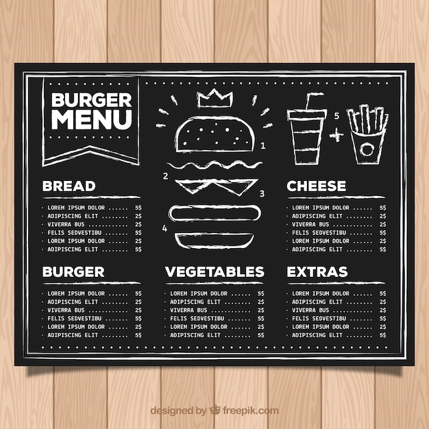 Menú de hamburguesería en una pizarra