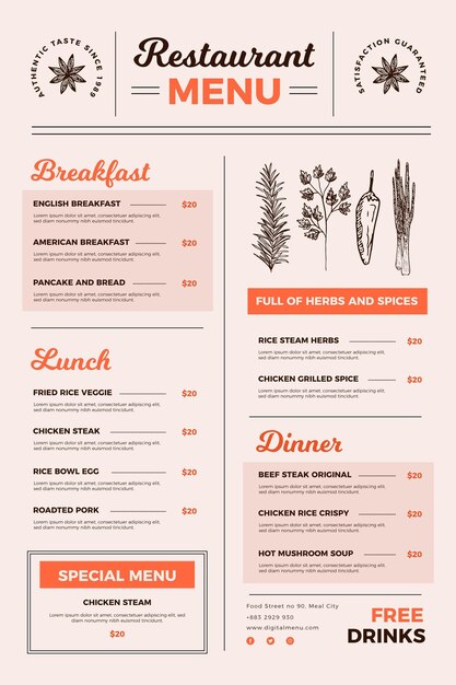 Menú ilustrado del restaurante para uso digital ilustrado
