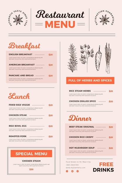 Menú ilustrado del restaurante para uso digital ilustrado