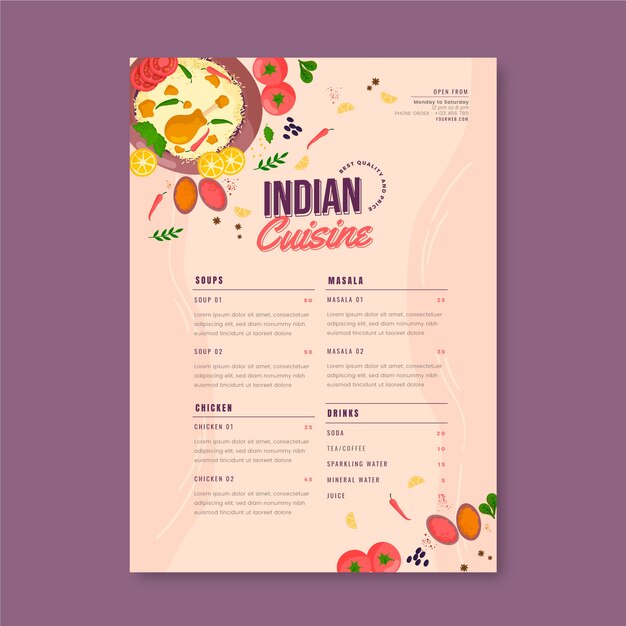 Menú indio de diseño plano dibujado a mano