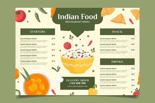 Menú indio de diseño plano dibujado a mano