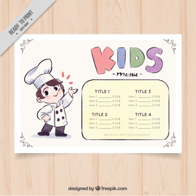 Menú infantil con chef decorativo en estilo de acuarela