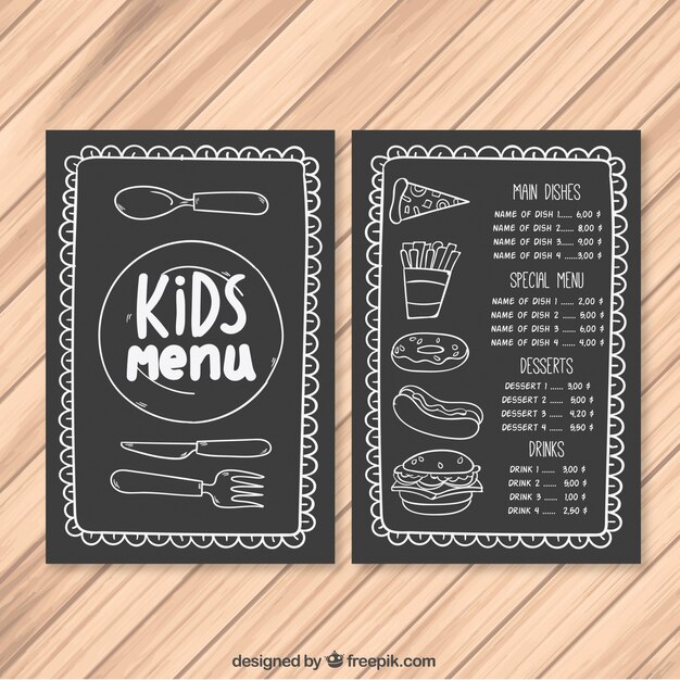 Menú infantil con cubiertos decorativos y comida rápida