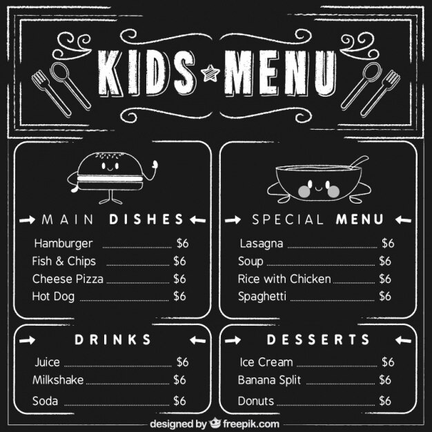 Menú infantil elegante con fondo de pizarra