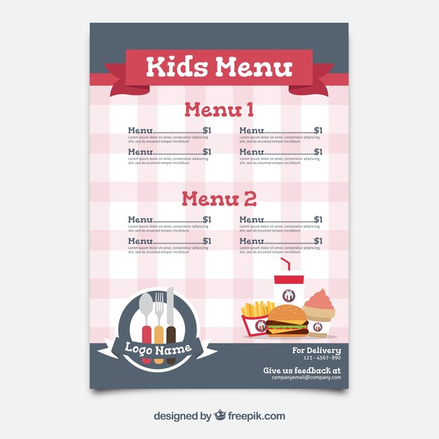 Menú infantil plano con fondo a cuadros