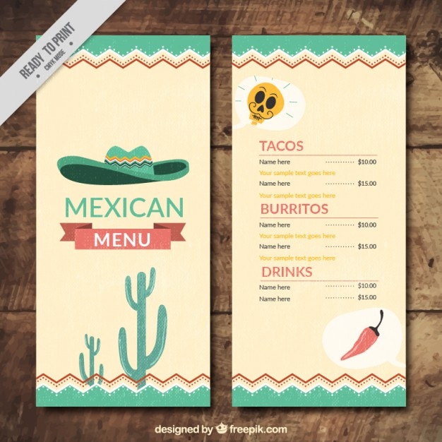 Menú mexicano con sombrero y cactus