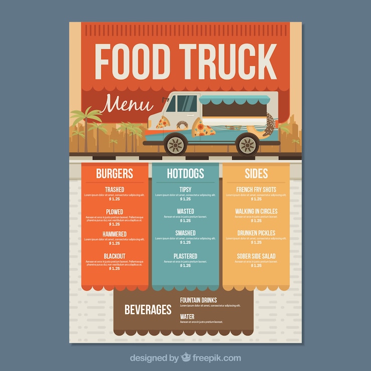 Vector gratuito menú moderno de food truck con estilo colorido