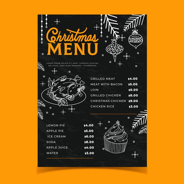Menú de navidad plantilla dibujada a mano