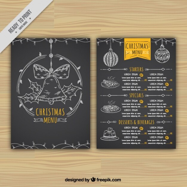 Menú navideño negro con elementos dibujados a mano