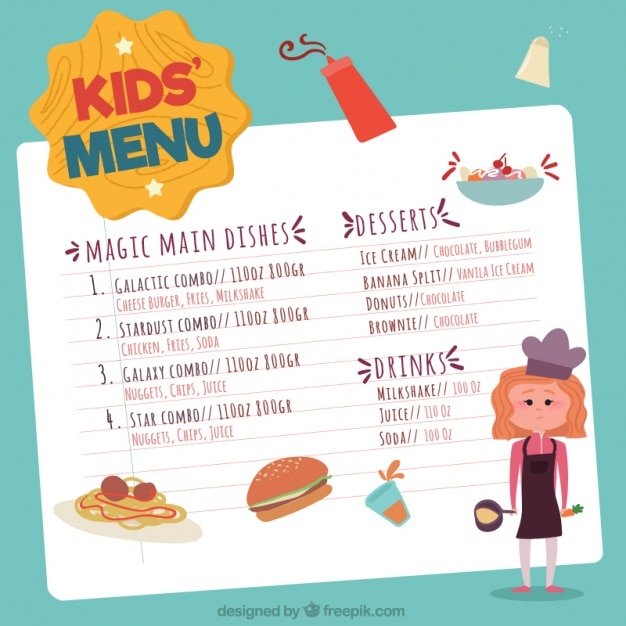 Menú para niños dibujado a mano con joven chef