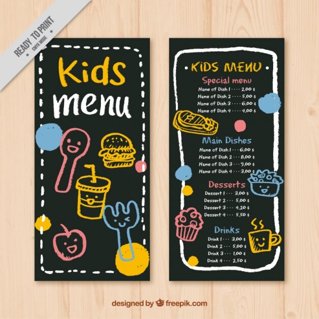 Menú para niños con fondo de pizarra