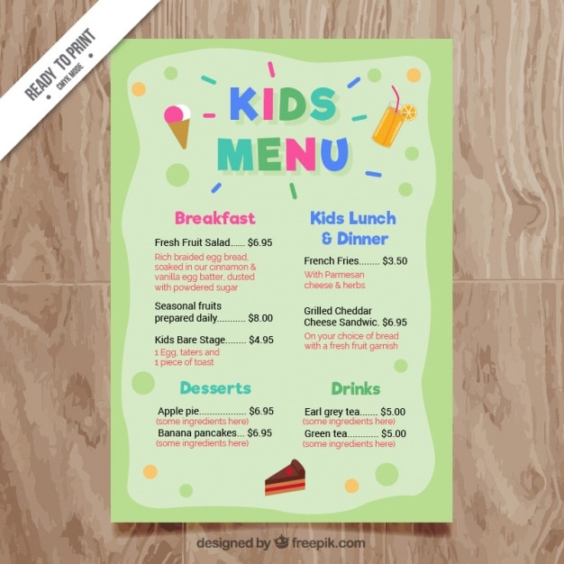 Menú para niños verde en diseño plano