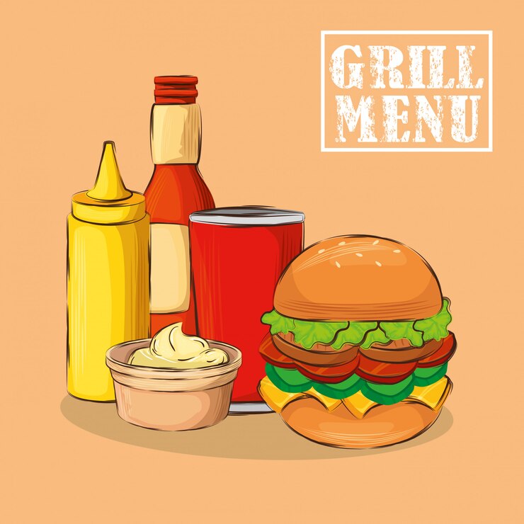 Vector gratuito menú a la parrilla con deliciosa hamburguesa