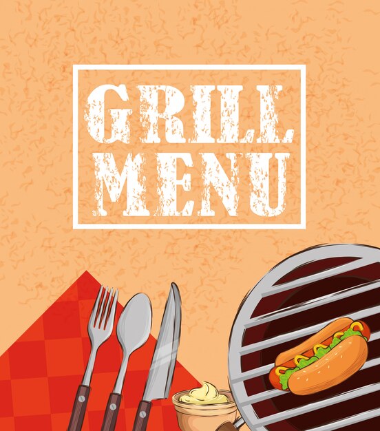 Menú a la parrilla con hot dog y cubiertos