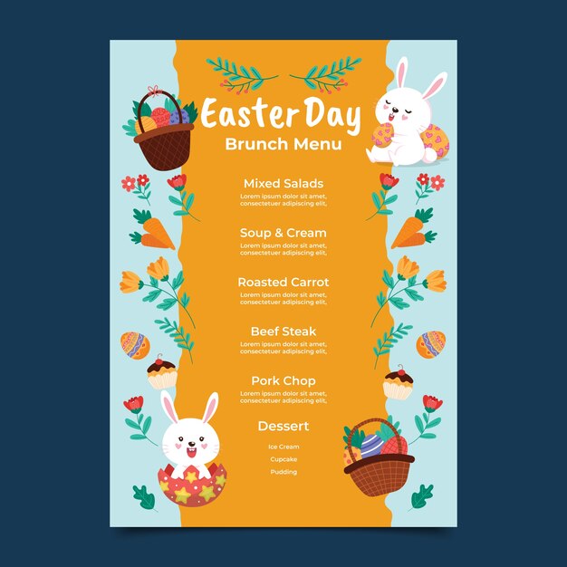 Menú de pascua plano dibujado a mano / brunch