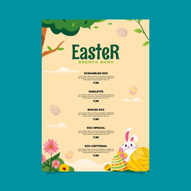 Menú de pascua plano dibujado a mano / brunch