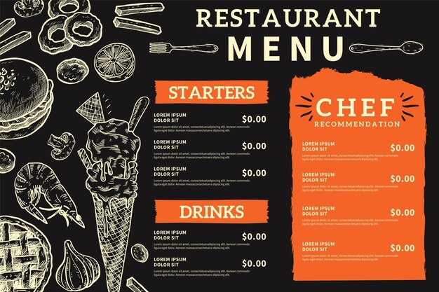 Menú de pizarra dibujado a mano para restaurante