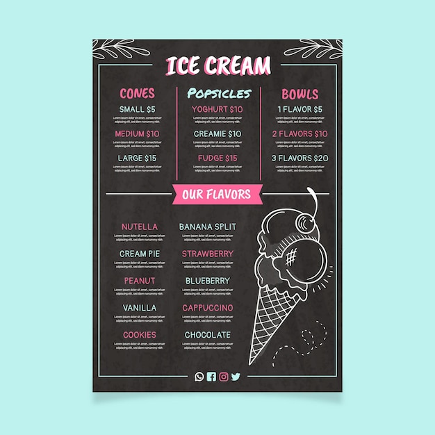 Menú de pizarra de helado dibujado a mano