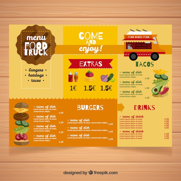 Vector gratuito menú plano de food truck con estilo original