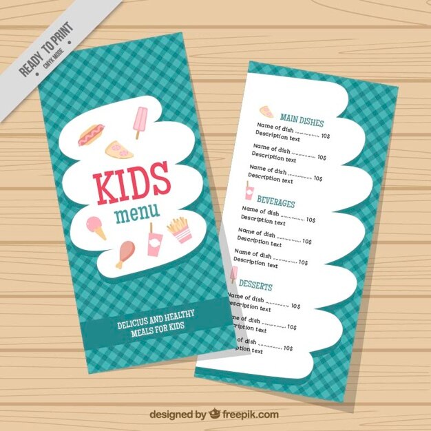 Menú plano para niños con fondo a cuadros