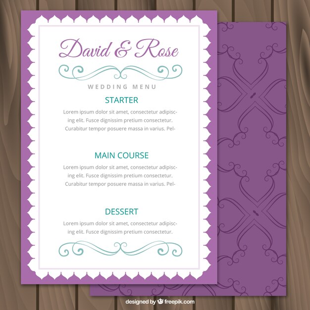 Menú púrpura de la boda