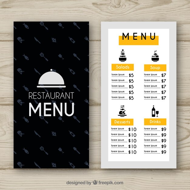 Menú de restaurante amarillo y negro