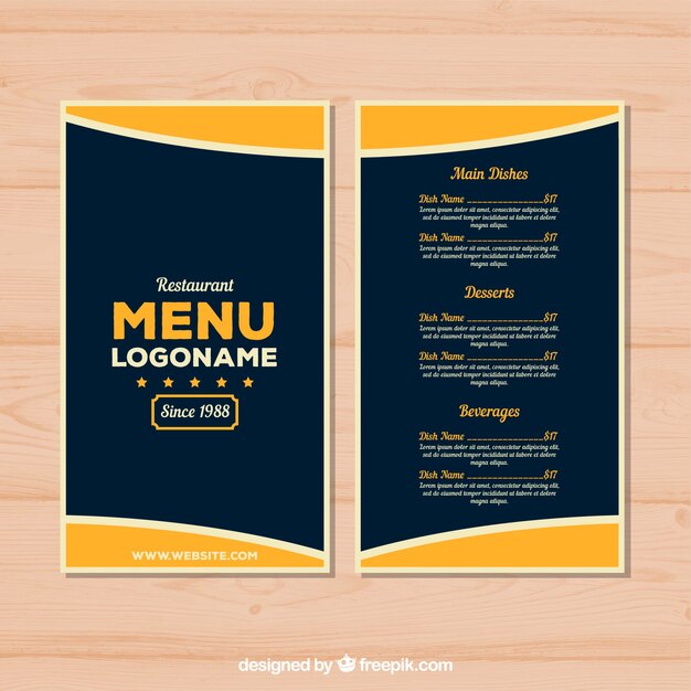 Menú de restaurante azul oscuro y amarillo