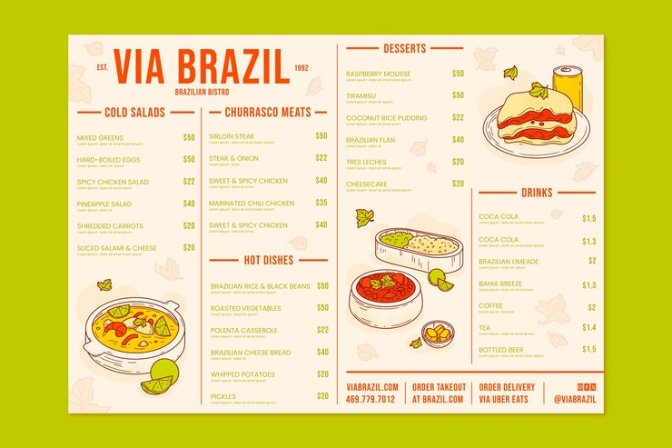 Vector gratuito menú de restaurante brasileño dibujado a mano
