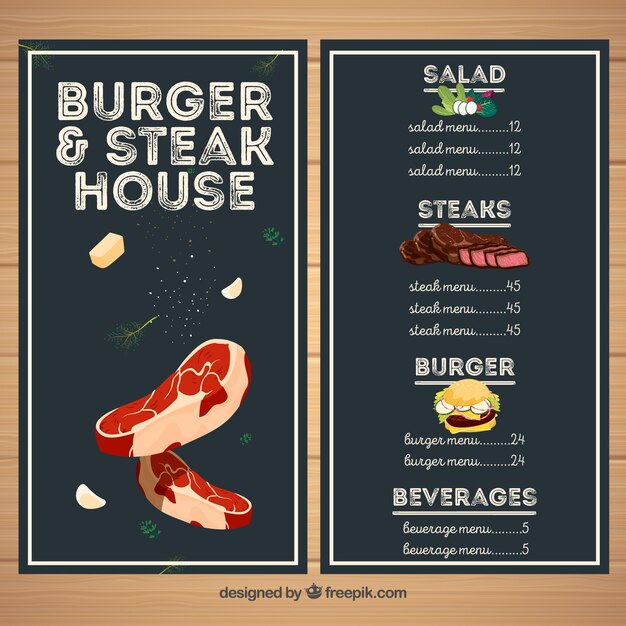 Menú de restaurante de carne