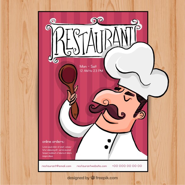 Menú de restaurante con chef dibujado a mano 