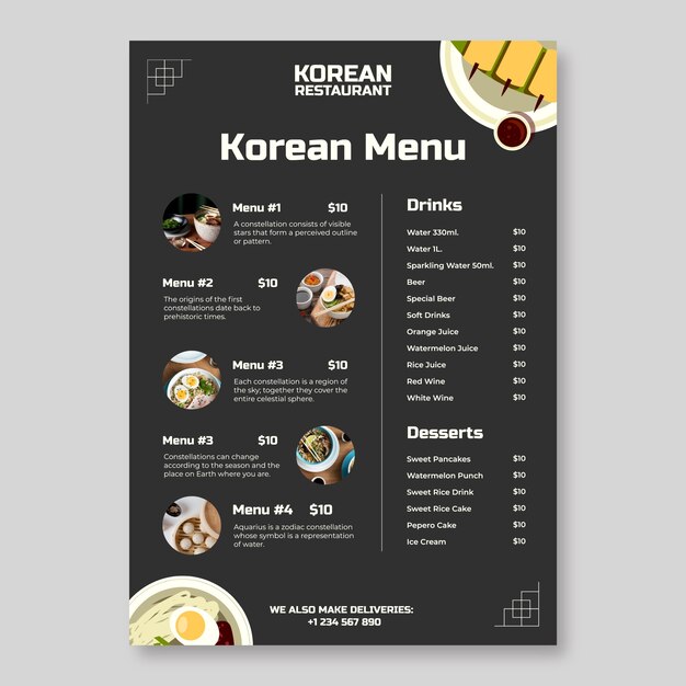 Menú de restaurante de cocina coreana dibujado a mano.