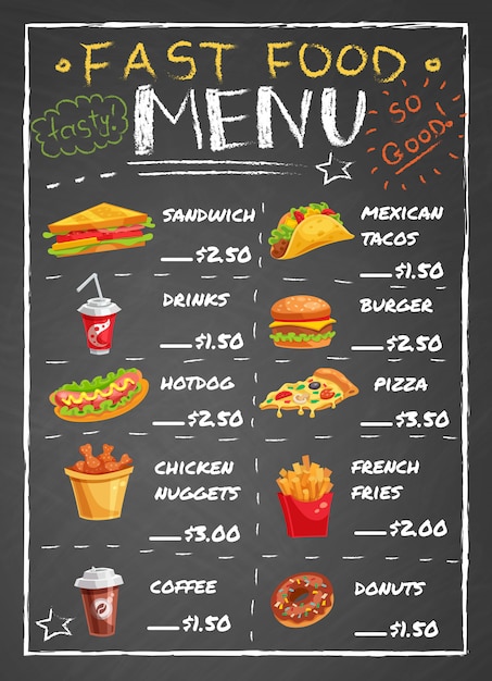 Menú del restaurante de comida rápida en la pizarra
