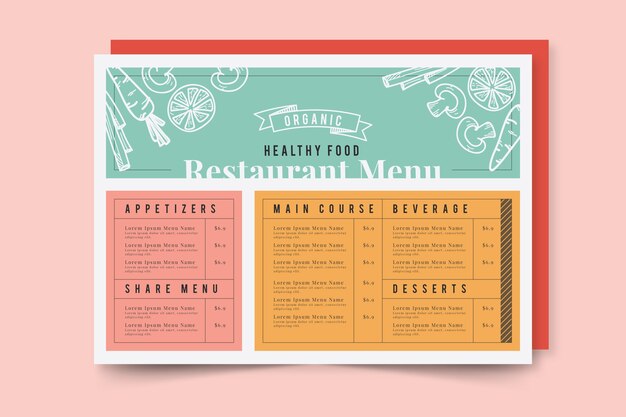 Menú de restaurante de comida saludable de diseño variado