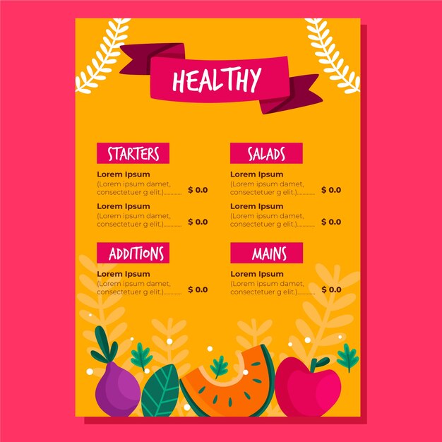 Menú del restaurante con comida saludable y verduras.