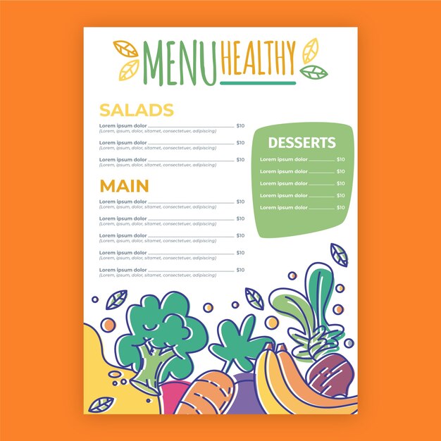 Menú de restaurante de comida sana de plantilla colorida