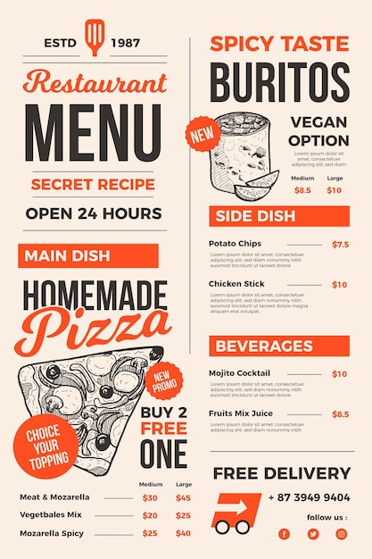 Menú de restaurante creativo para uso digital ilustrado