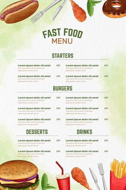 Menú de restaurante digital en formato vertical con ilustración de alimentos