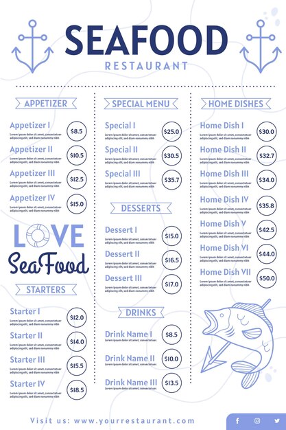 Menú de restaurante de mariscos digital